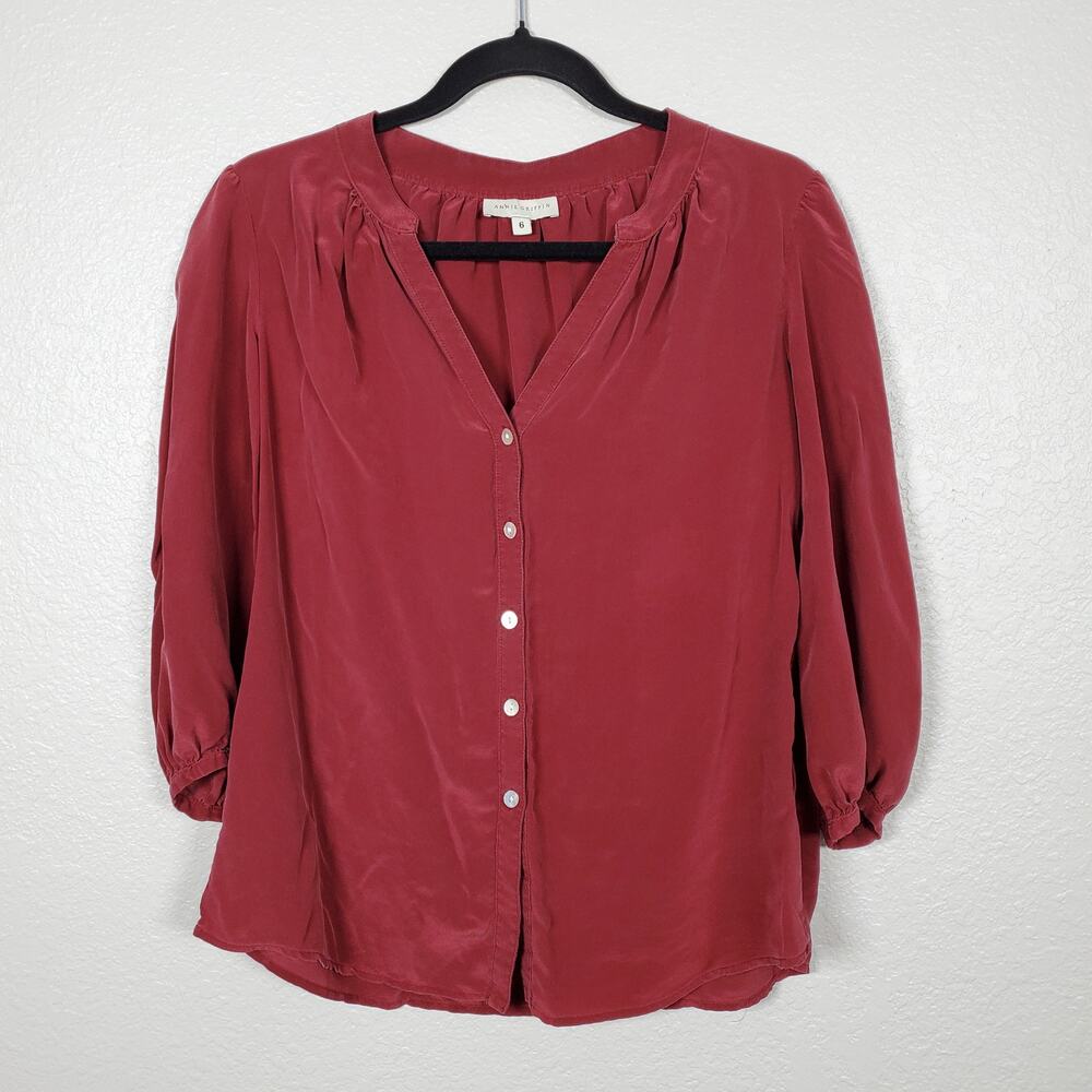 Annie Griffin Top Womens‎ Size 6 Silk Button Front Balloon Sleeve V-Neck Capsule